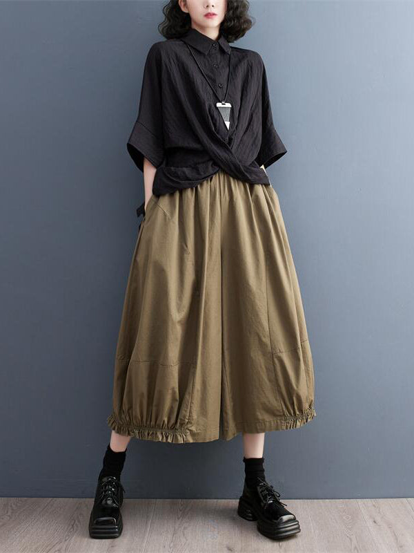 flowersverse Solid Color Split-Joint Ninth Pants Wide Leg Casual Pants Bottoms