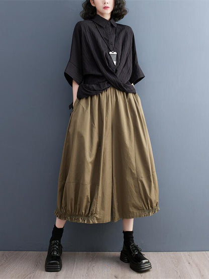 flowersverse Solid Color Split-Joint Ninth Pants Wide Leg Casual Pants Bottoms