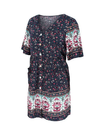 flowersverse Floral Print Summer Short Dress Women Casual V Neck Bohemian Short Sleeve Dress For Woman Fashion Sexy Spring Dress