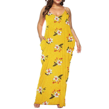 flowersverse Women's Plus Size Casual Dress Shift Dress Slip Dress Leopard Floral Long Dress Maxi Dress Sleeveless Pocket Print Strap Fashion Daily Light Yellow Black Spring Summer XL XXL 3XL