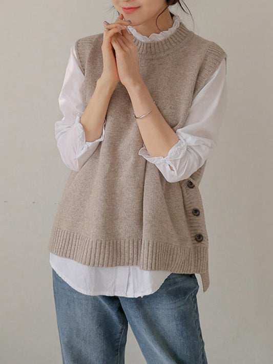 flowersverse Simple Sleeveless Loose Buttoned Solid Color Round-Neck Sweater Vest Outerwear