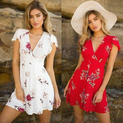 flowersverse Women Dress Short Sleeve Floral Printed Chiffon Lace Up Deep V-neck Casual Beach Dress Summer Fashion Dress For Women