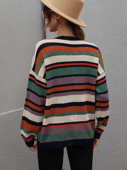 flowersverse Original Long Sleeves Loose Contrast Color Striped Round-Neck Sweater Tops