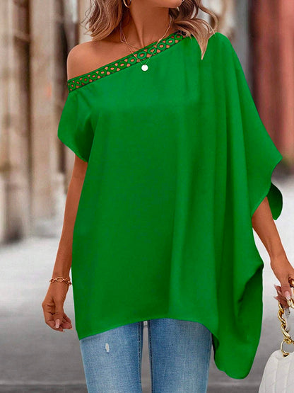 flowersverse Asymmetric Hollow Solid Color Batwing Sleeves One-Shoulder Blouses&Shirts Tops