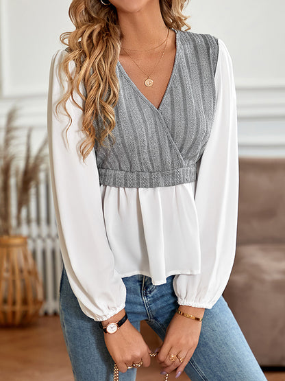 flowersverse Asymmetric Elasticity Split-Joint Long Sleeves Loose V-Neck Blouses&Shirts Tops