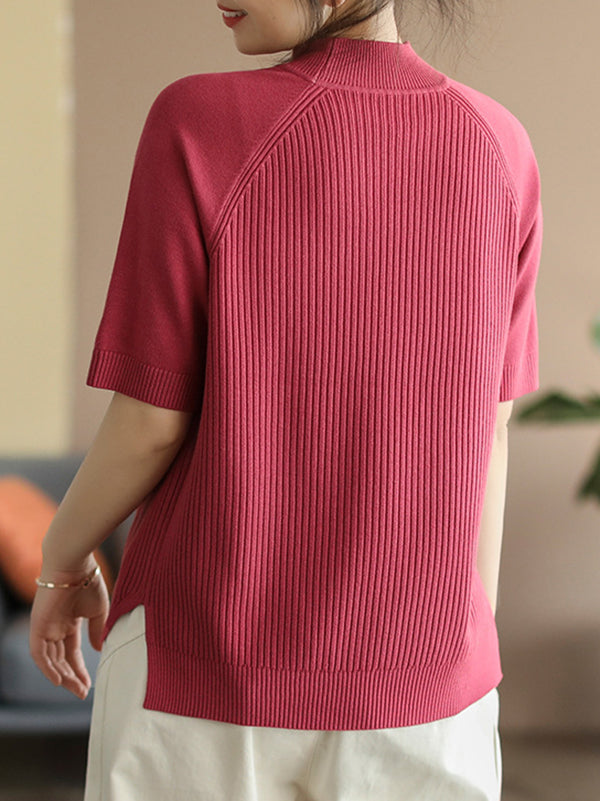 flowersverse Simple Long Sleeves Loose Solid Color High-Neck Sweater Tops