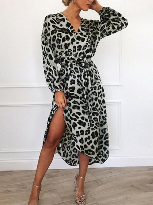 flowersverse Sexy V-Neck Leopard Print Long Sleeve Chiffon Dress