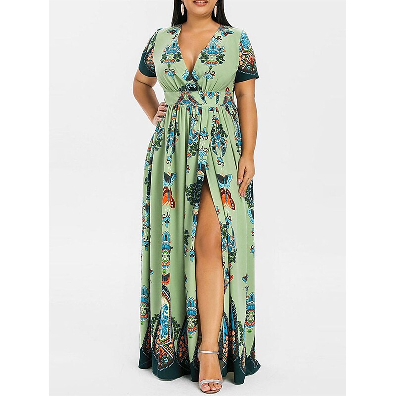 flowersverse Women's Plus Size Casual Dress A Line Dress Floral Butterfly Long Dress Maxi Dress Short Sleeve Split Print V Neck Basic Daily Black White Spring Summer XL XXL 3XL 4XL 5XL