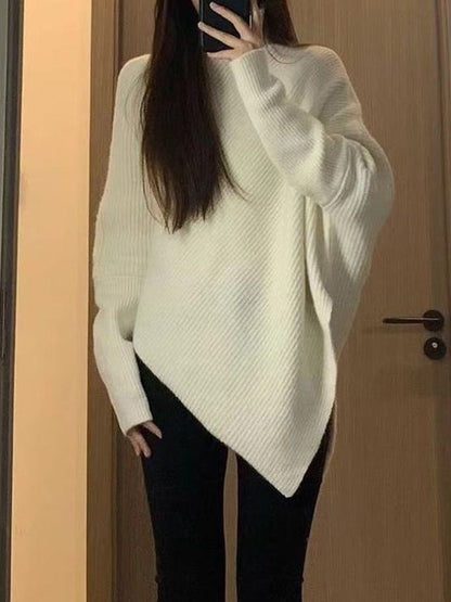 flowersverse Asymmetric Solid Color Velvet Long Sleeves Loose High Neck Sweater Tops Pullovers Knitwear