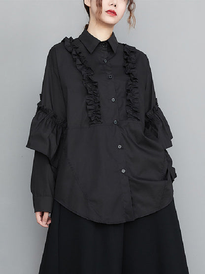 flowersverse Casual Loose Long Sleeves Buttoned Ruffled Solid Color Lapel Collar Blouses&Shirts Tops