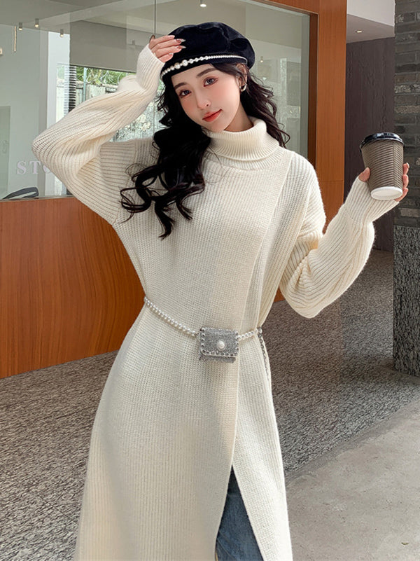 flowersverse Stylish Long Sleeves Split-Front Solid Color High-Neck Sweater Tops