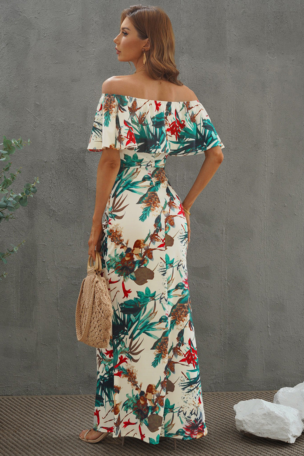 flowersverse Elegant Floral Layered Off-Shoulder Maxi Dress