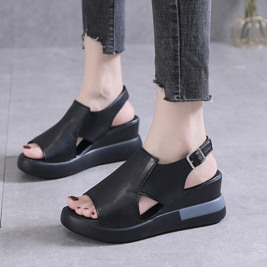 flowersverse Women's Sandals Wedge Heels Platform Sandals Ankle Strap Sandals Outdoor Daily Platform Wedge Heel Peep Toe Elegant Sexy PU Leather Buckle Solid Color Black Red Beige