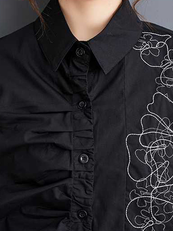 flowersverse Buttoned Embroidered Pleated Irregularity Loose Lapel Collar Blouses&Shirts Tops