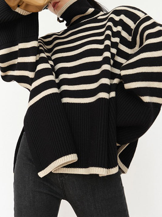 flowersverse Contrast Color Split-Joint Split-Side Striped Long Sleeves Loose High Neck Sweater Tops