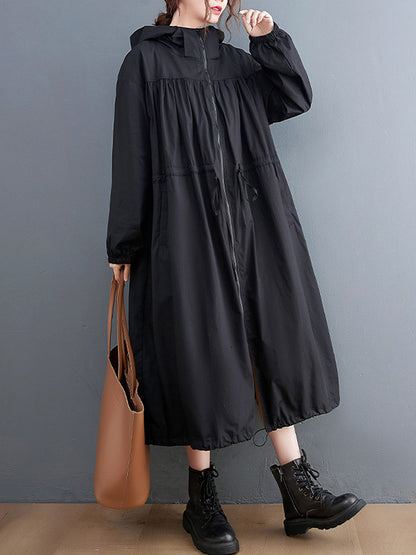 flowersverse Casual Loose Solid Color Zipper Drawstring Long Sleeves Hooded Trench Coat