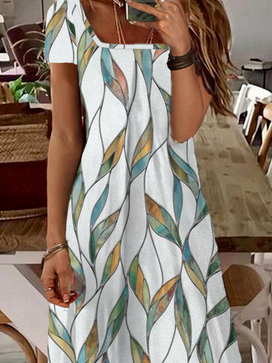 flowersverse Printed Casual Square Neck Short Sleeve Dress