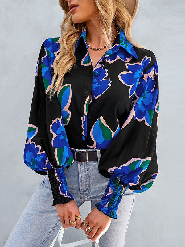 flowersverse Buttoned Elasticity Flower Print Long Sleeves Loose Lapel Blouses&Shirts Tops