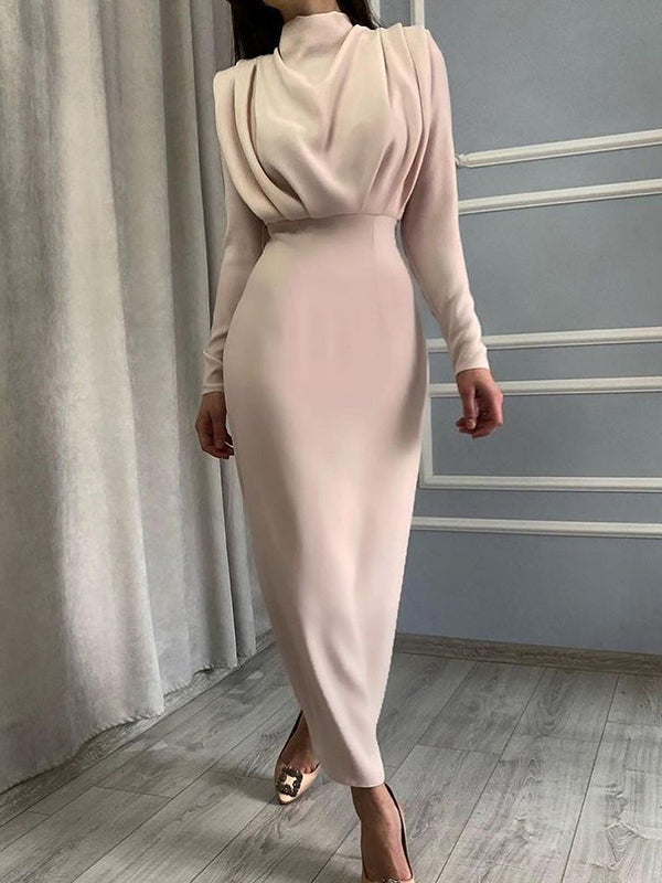 flowersverse Pleated Solid Color High Waisted Long Sleeves Mock Neck Midi Dresses