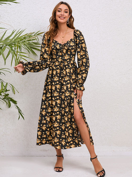 flowersverse Chic Floral Print Flounce Sleeve Slit Midi Dress