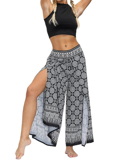 flowersverse Women's Harem Wide Leg Pants Trousers Light gray Gray Black High Waist Basic Boho Gym Yoga Layered High Cut Micro-elastic Full Length Comfort Pattern S L / Drop Crotch / Plus Size / Loose Fit / Print