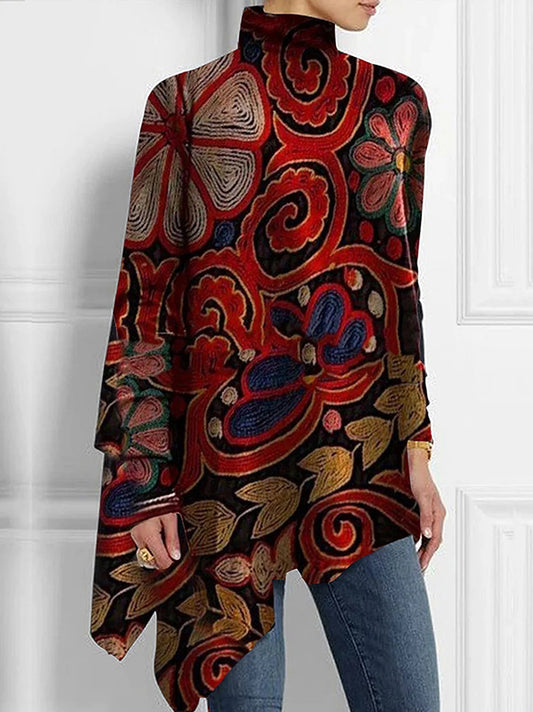 flowersverse Floral Printed Long Sleeves Loose High Neck T-Shirts