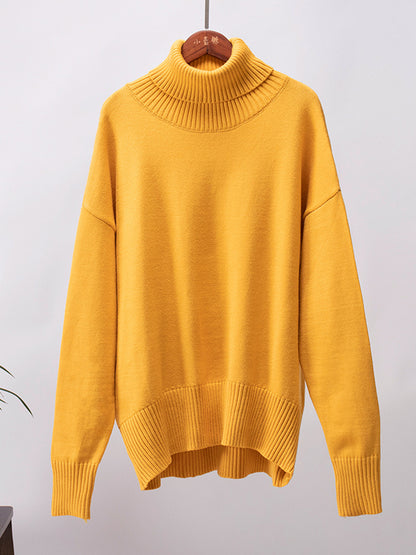 flowersverse Solid Color Long Sleeves Loose High Neck Sweater Tops Pullovers Knitwear