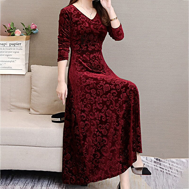 flowersverse Women's A Line Dress Knee Length Dress Green Black Red Long Sleeve Floral Jacquard Fall Spring V Neck Elegant Vintage Party Slim  M L XL XXL 3XL