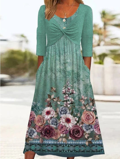 flowersverse Women's Casual Dress Summer Dress Print Dress Floral Ruched Fake two piece Crew Neck Midi Dress Fashion Modern Outdoor Daily Half Sleeve Regular Fit Green Spring Summer S M L XL XXL