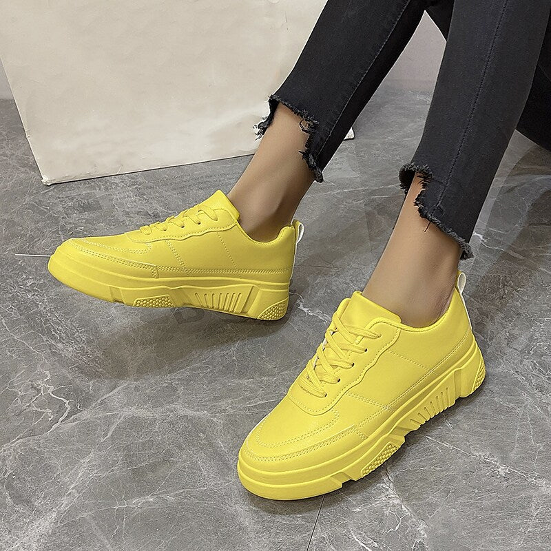 flowersverse Women's Sneakers Dad Shoes Outdoor Flat Heel Round Toe Preppy Running Shoes PU Leather Lace-up Black Yellow Green