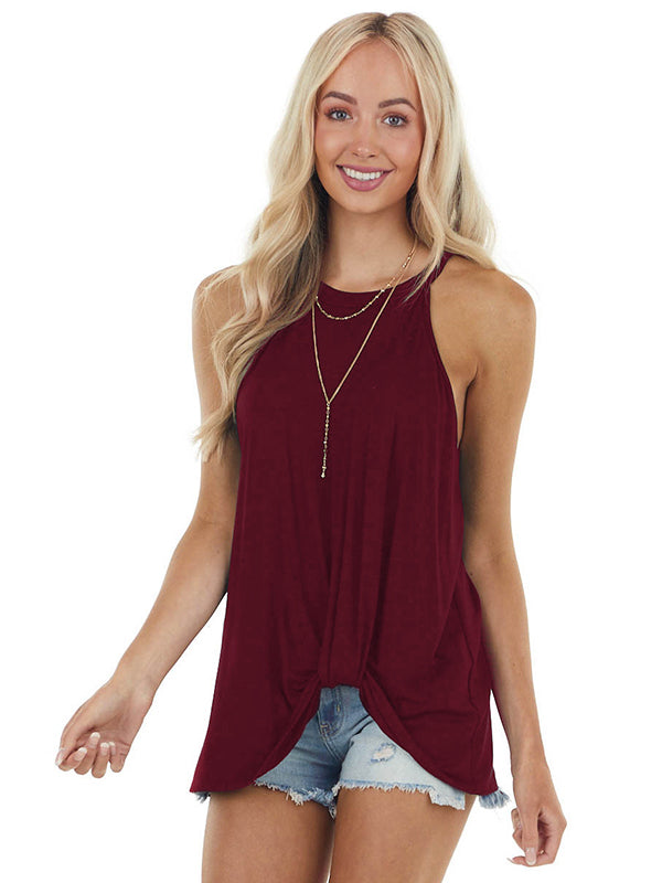 flowersverse Simple Sleeveless Solid Color Halter-Neck Vest Top