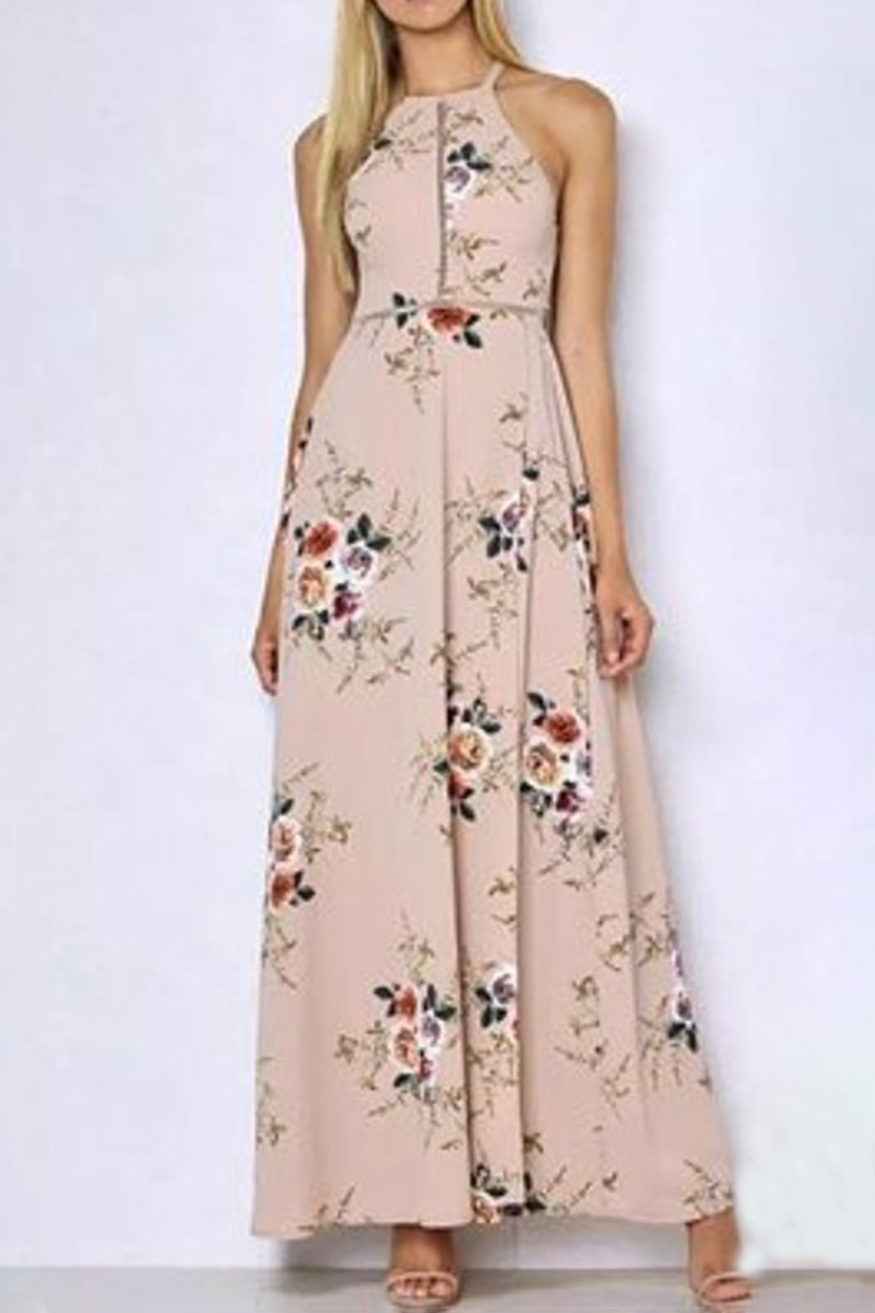 flowersverse Elegant Floral Backless Slit Strap Design Halter Dresses(3 Colors)