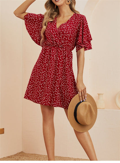 flowersverse Spring Summer Chiffon Dress Women V-Neck Love Dot Print Short Dresses Sweet Ruffle Sleeve Slim Ladies Drawstring Dress