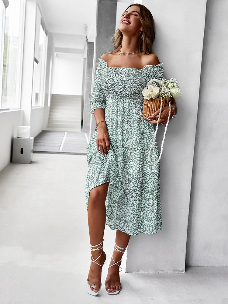 flowersverse Fashion Floral Dress Women Summer One Shoulder Short Sleeve High Wasit Printed Casual Dress