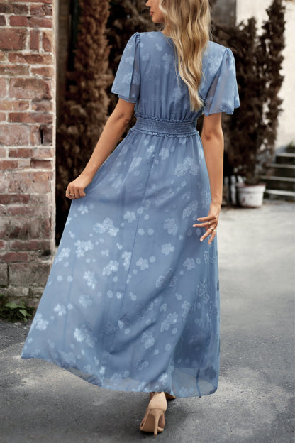 flowersverse Chic Floral Print V-Neck Smocked Waist High Slit Maxi Dress