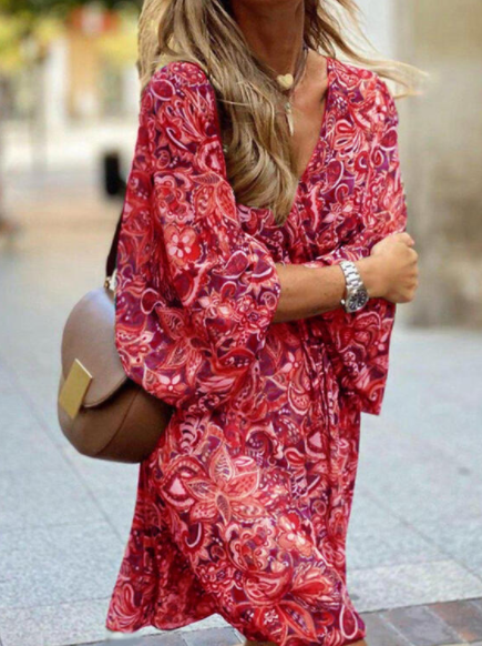 flowersverse New Printed Long Sleeve A-Line Boho Dress