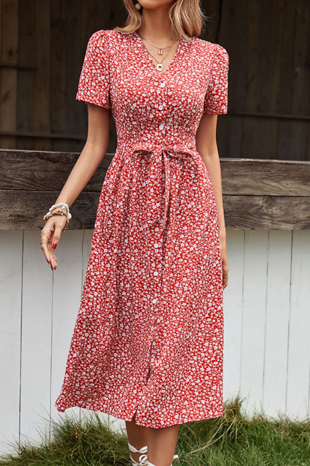 flowersverse Ditsy Floral Button Front Tied Puff Sleeve Dress