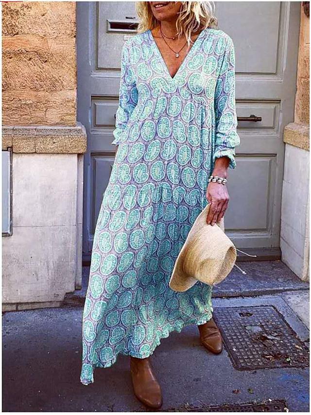 flowersverse Women's A-Line Dress Maxi Long Dress - Long Sleeve Print Patchwork Print Fall Winter Casual Blue Yellow Blushing Pink