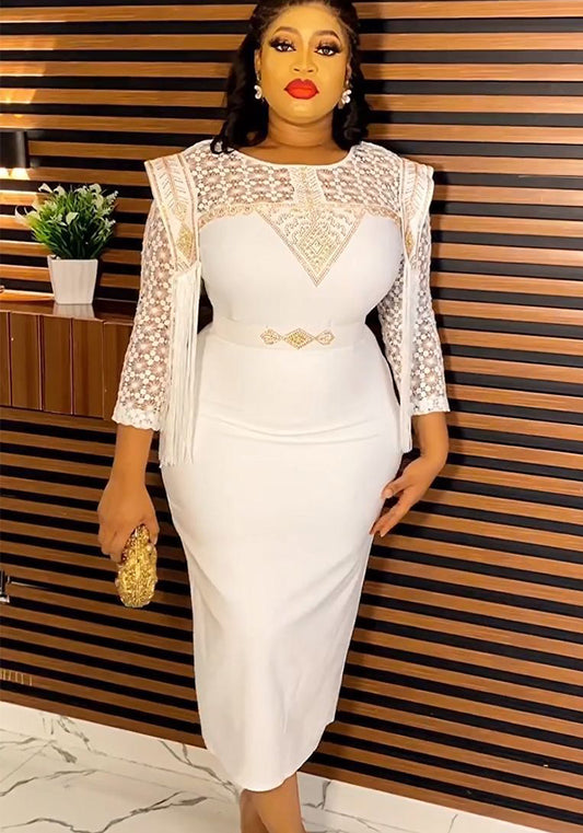 flowersverse Plus Size African Women Lace Tassel Patchwork Round Neck Bodycon Dress