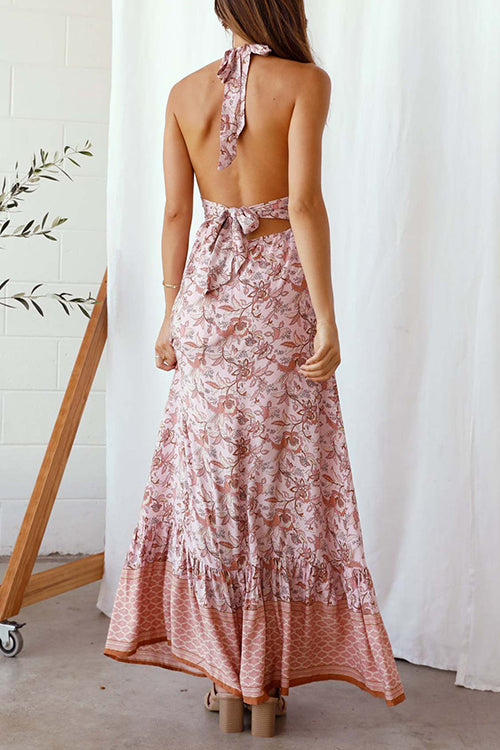 flowersverse Floral V Neck Halter Neck Backless Maxi Dress