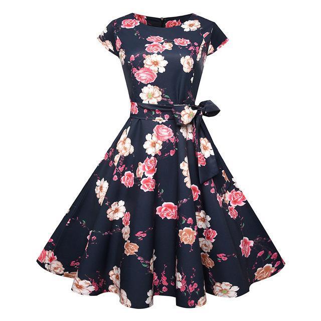 flowersverse Women Summer Floral Dress Vintage Casual Elegant Print O Neck Party Dresses