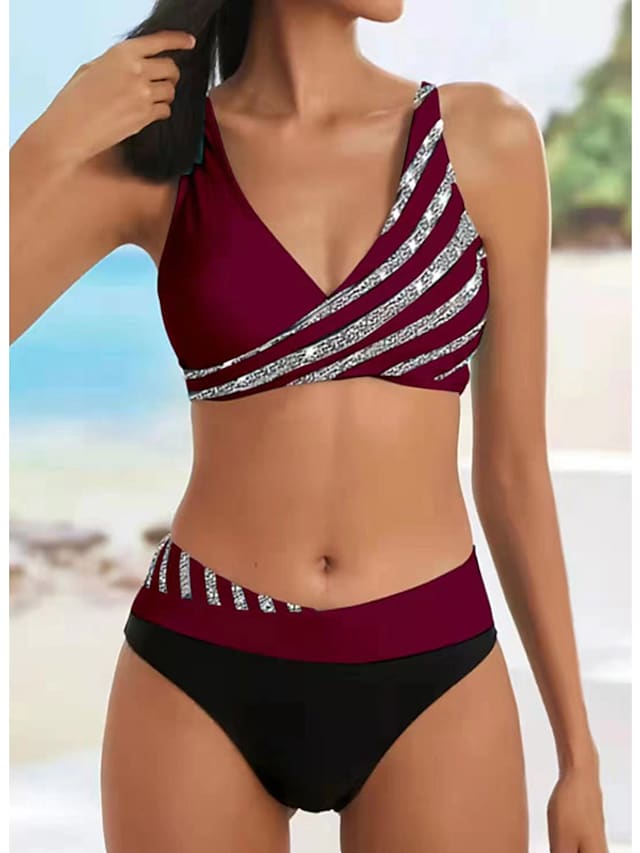 flowersverse Women's Swimwear Bikini Plus Size Swimsuit 2 Piece Striped Black Burgundy Blue Lavender Purple Bandeau Bathing Suits Sports Summer