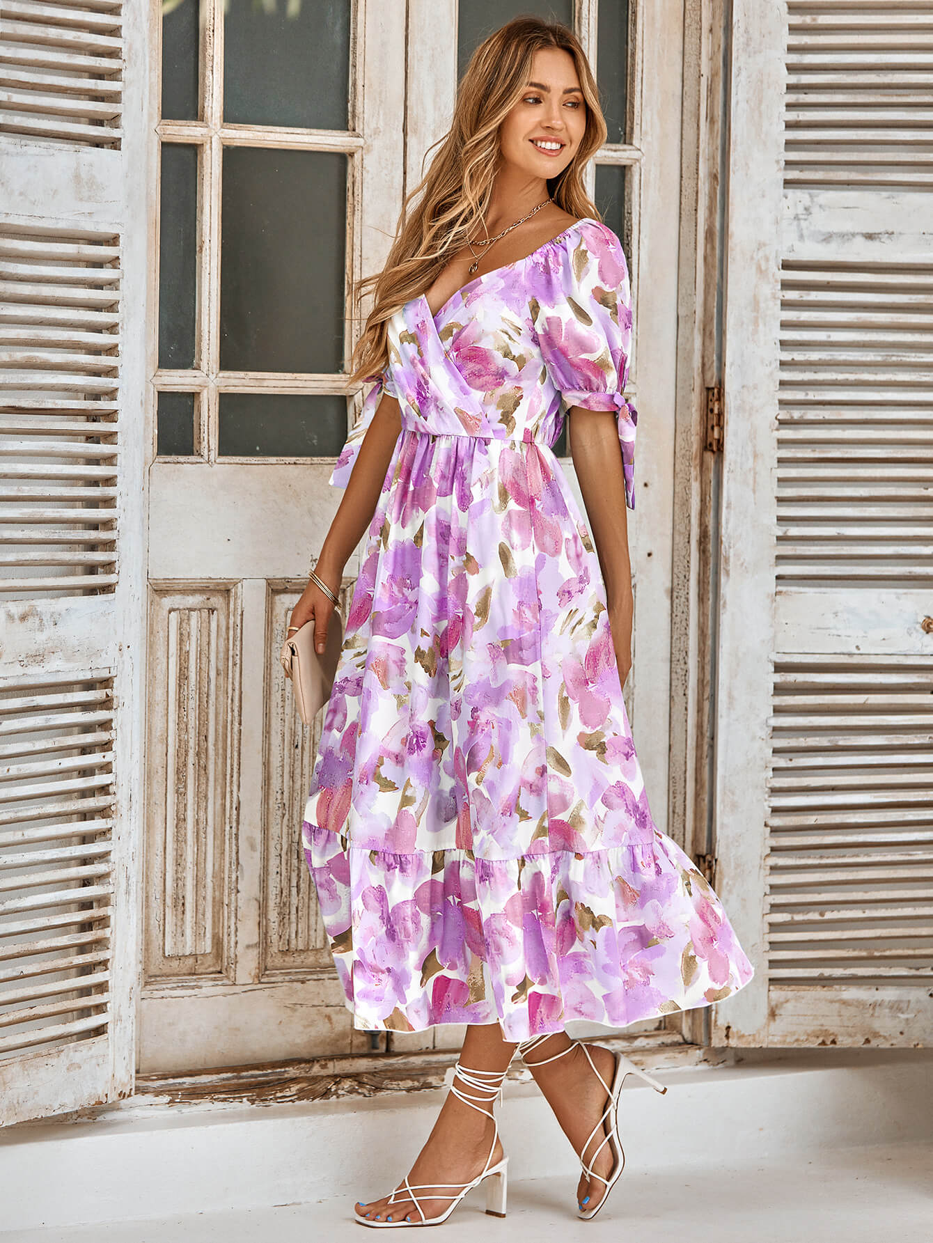 flowersverse TANYA PAINTING FLORAL SHORT SLEEVE MAXI DRESS - PURPLE