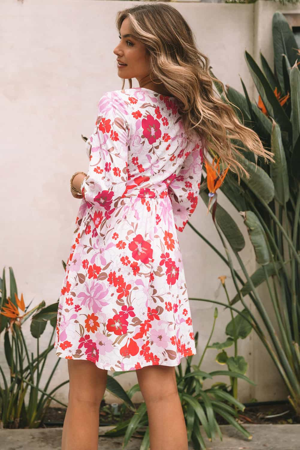 flowersverse Orange V Neck 3/4 Sleeve Floral Dress