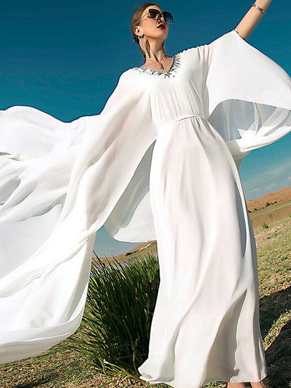 flowersverse White V-Neck Evening Dress