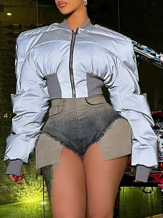 flowersverse Elasticity Split-Joint Zipper Loose Stand Collar Padded Coat