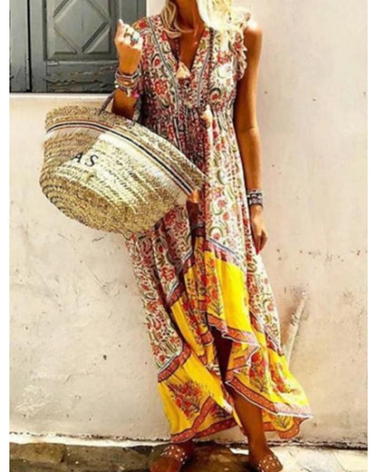 flowersverse Women's A-Line Dress Maxi Long Dress Sleeveless Print Summer Casual Mumu Vacation Dresses Yellow