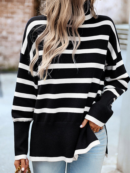 flowersverse Contrast Color Split-Side Striped Long Sleeves Loose High Neck Sweater Tops Pullovers