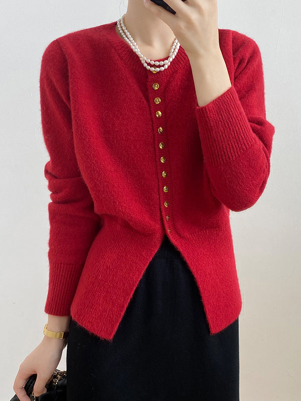 flowersverse Elegant Long Sleeves Solid Color Round-Neck Cardigan Tops