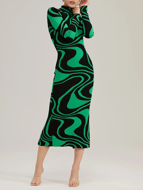 flowersverse Long Sleeves Skinny Contrast Color Printed Split-Back Split-Joint Zipper High Neck Midi Dresses